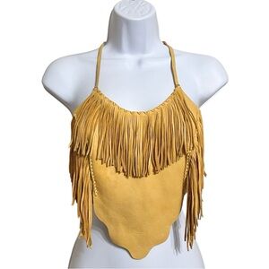Vintage 80s Womens Fringed Leather Corset Halter Top XS/S Yellow Boho Festival